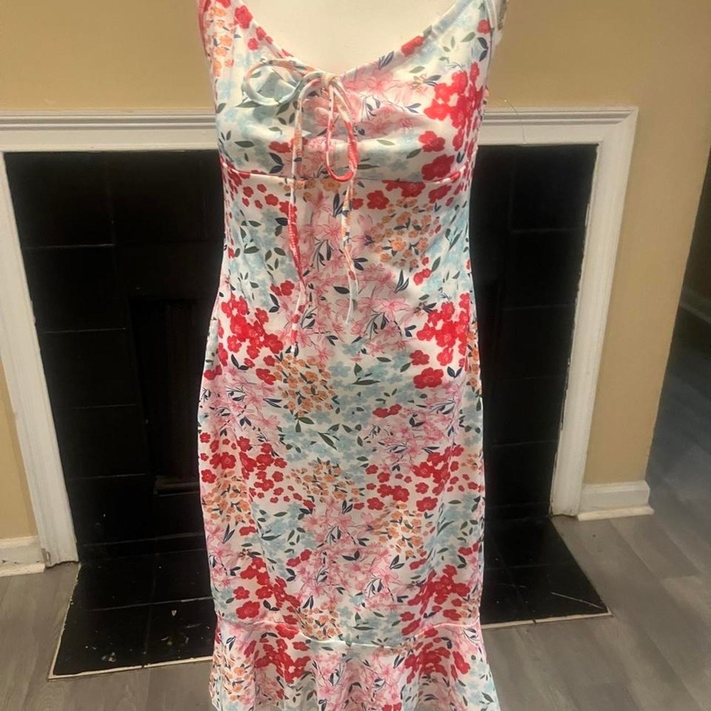 Red, pink, and blue floral slip dress ruffle hem Coquette Romantic